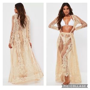 Missguided nude eyelash lace maxi beach kimono